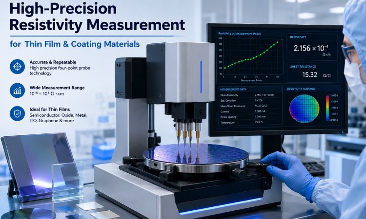 High-precision resistivity measurement of thin-film materials using advanced four-point probe testing equipment in a modern laboratory.
