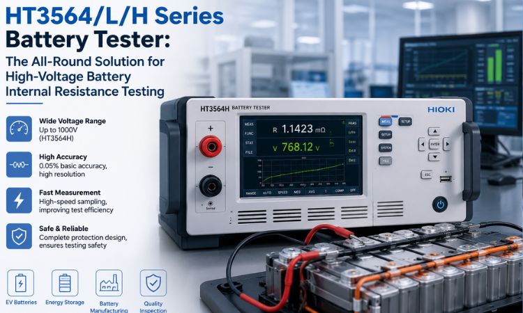HT3564/L/H Series Battery Tester measuring internal resistance and voltage of high-voltage battery packs in a modern testing laboratory.